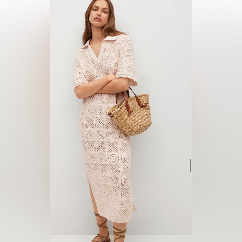 Mango Ivory Crochet Boho Maxi Dress Resort Wear Spring Break Size XS